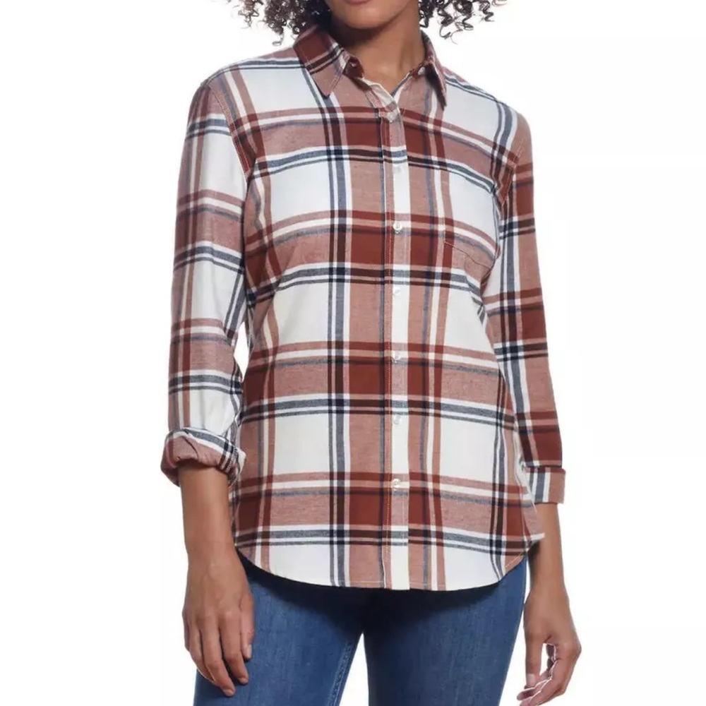 Weatherproof Vintage Comfort Stretch Flannel Button-Up Shirt Rust Plaid Size S